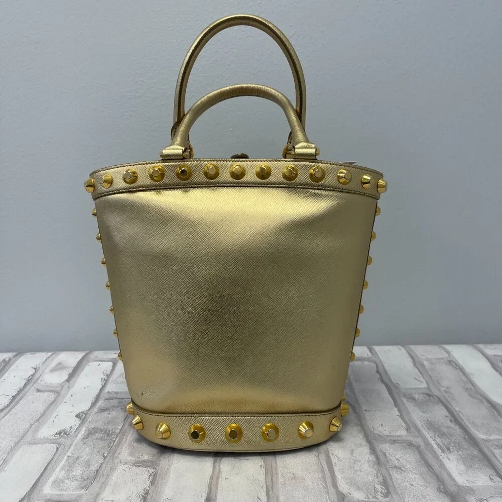 Prada Metallic Gold Saffiano Leather Vernice Studded Bucket Bag - Preowned